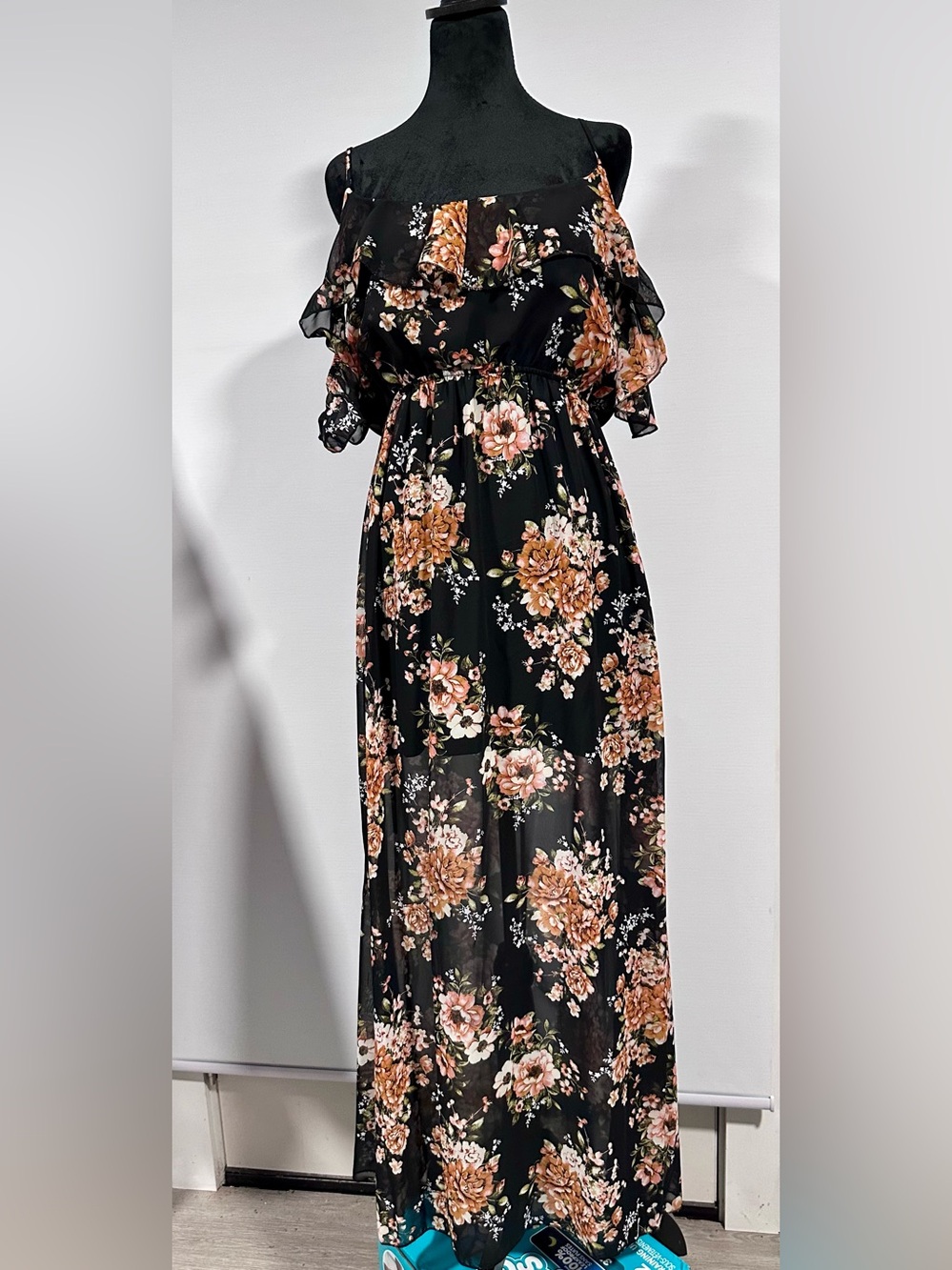 Mind Code Black Floral Maxi Dress with Peach and Green Accents